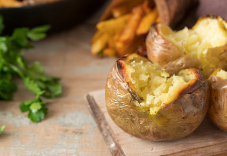 Photo of 3 jacket potatoes cut open with no topping on a wooden board. In the background is some parsley and and fries.