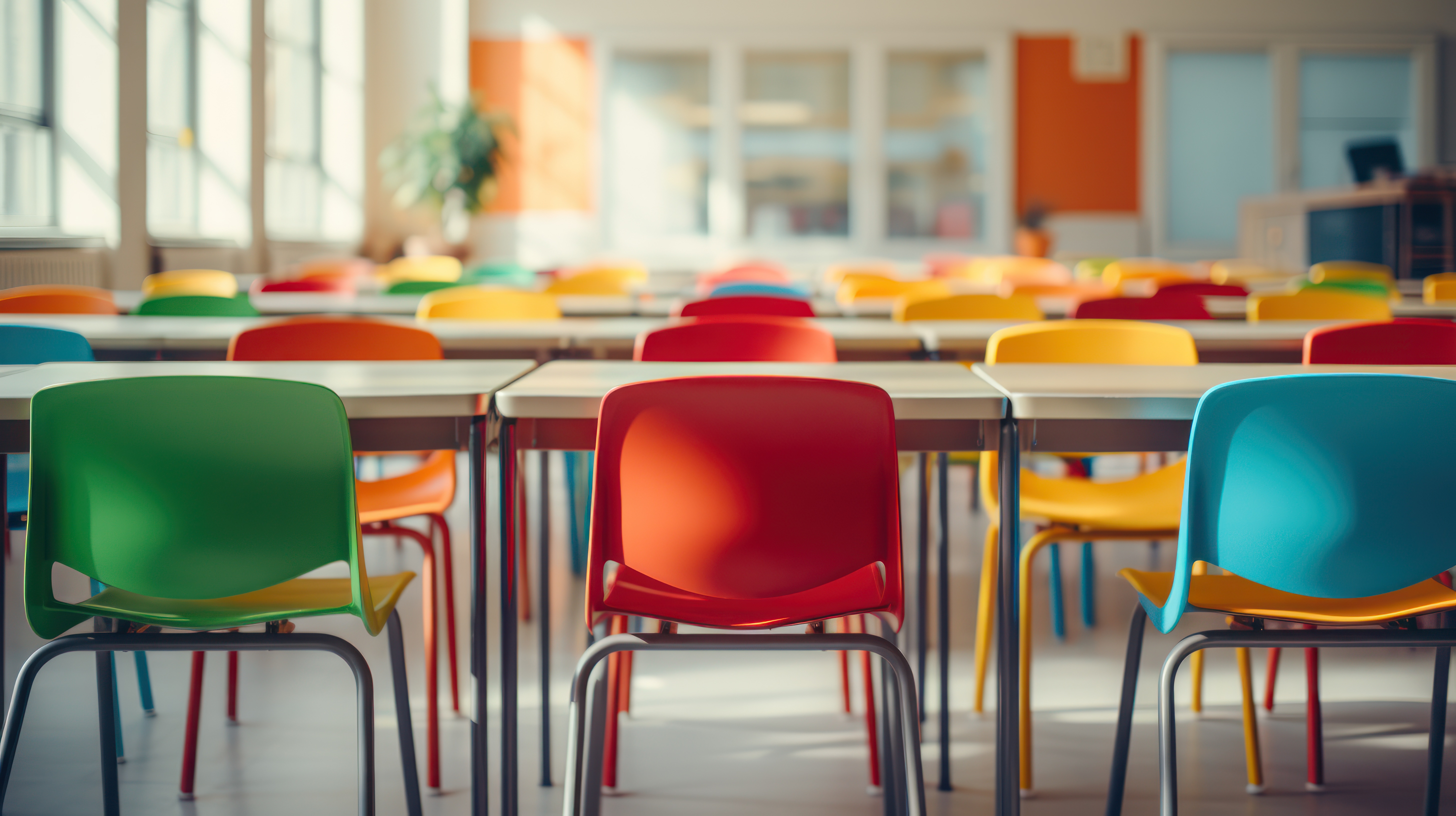 Colourful chairs surround tables in a bright vibrant classroom