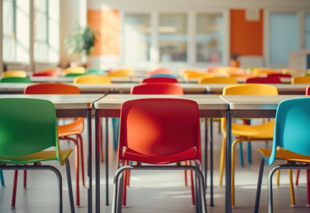 Colourful chairs surround tables in a bright vibrant classroom