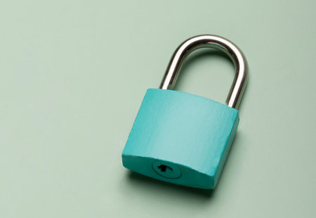 Photo of a green metal padlock lying on a light green surface